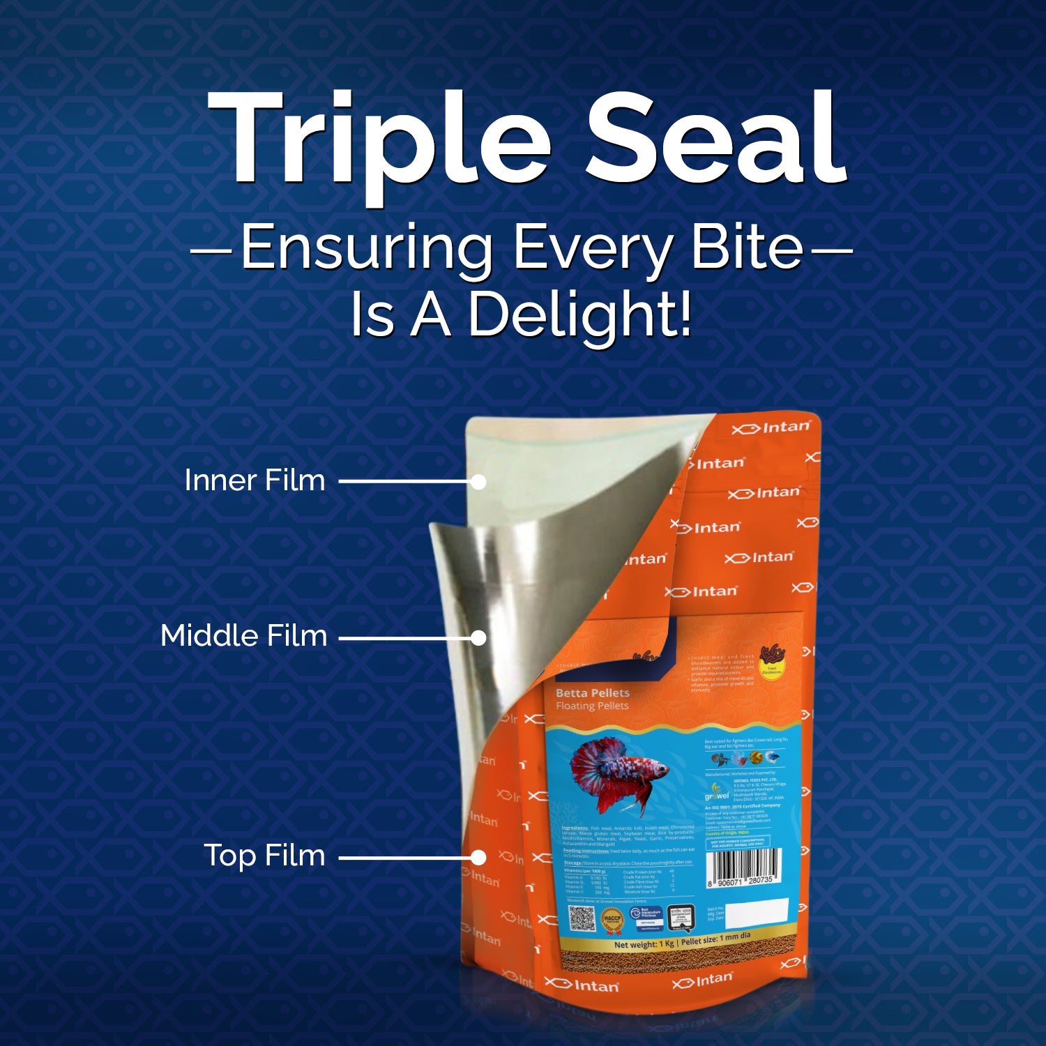 Intan Ornamental Fish Food, Fish feed Triple seal packaging with inner film, middle film and top film