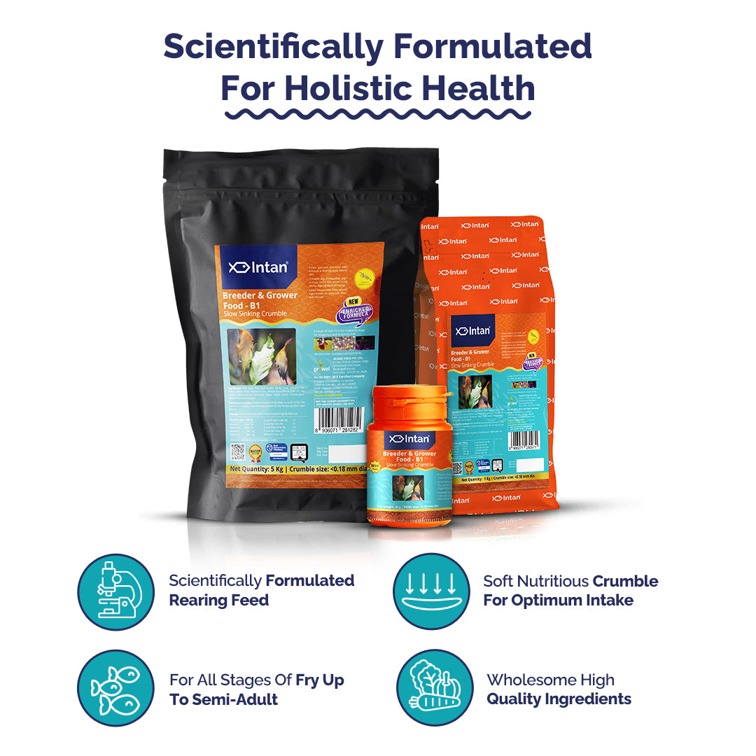 Intan Breeder & Grower B1 Fish Food packaging with products and Benefits