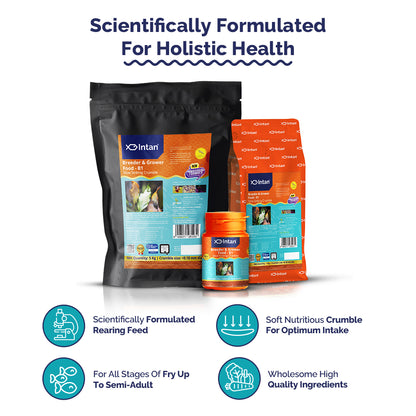 Intan Breeder & Grower B1 Fish Food packaging with products and Benefits