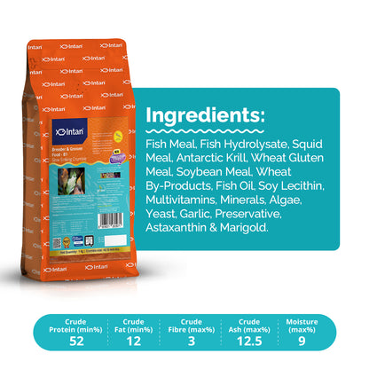 Intan Breeder & Grower B1 Fish Food packaging with products and Benefits