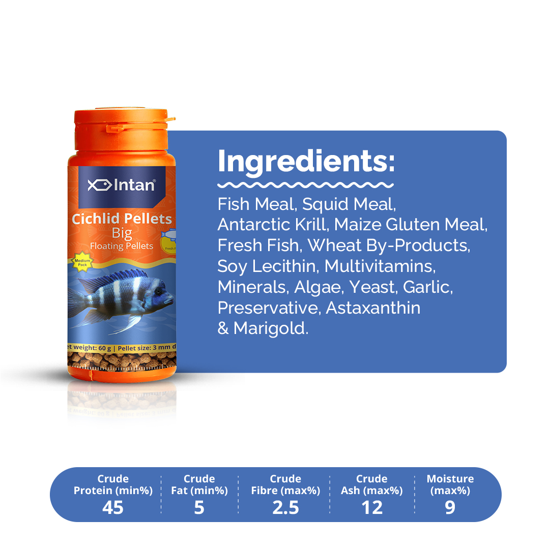 Intan Cichlid Pellets packaging with ingredients and guaranteed analysis