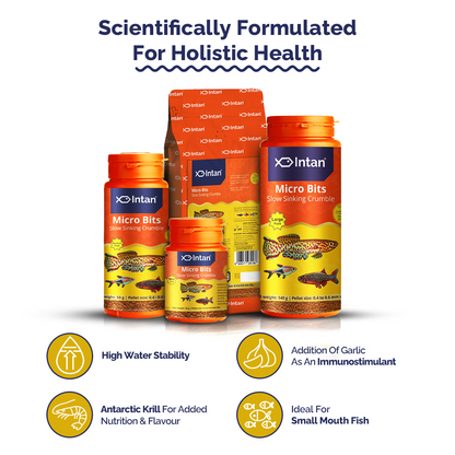 Intan Micro Bits Fish Food packaging with products and Benefits